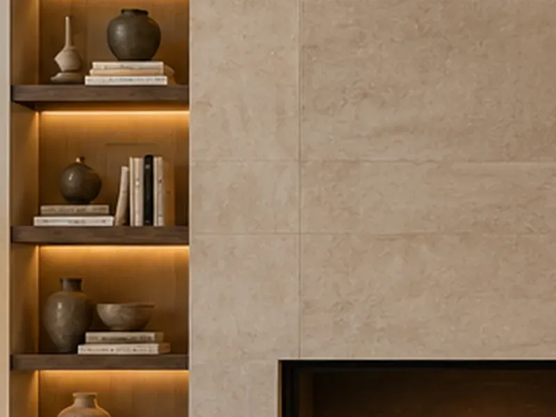 Design concept of wood floating shelves beside a stone fireplace