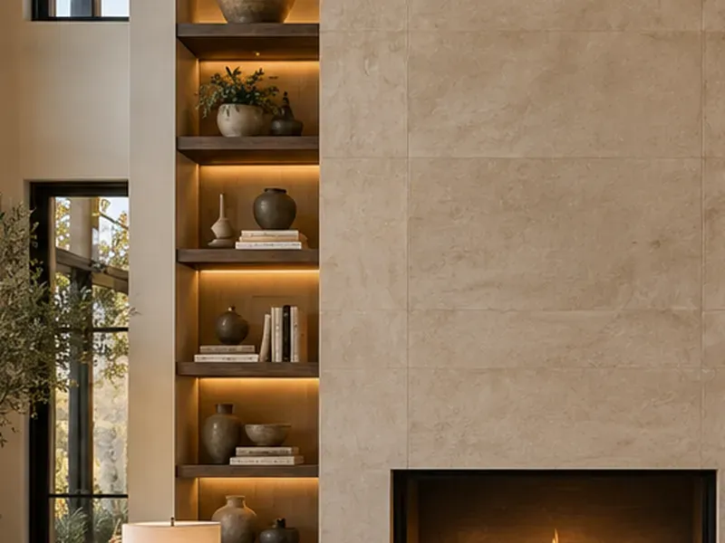 Design concept of lit wood floating shelves beside a stone fireplace