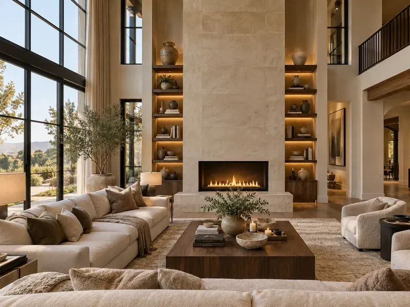 Design concept of a tall living room with a stone fireplace and lit shelves