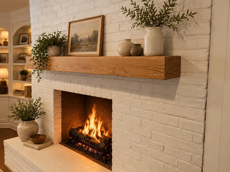 Design concept of a warm wood floating mantel on a white brick fireplace