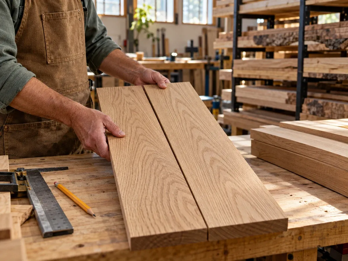 Design concept of a craftsperson comparing oak boards for matching grain and color before cutting