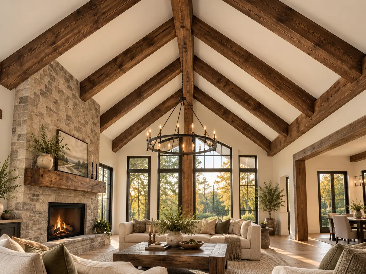 Design concept of dark walnut beams across a cathedral ceiling, seen from the entry