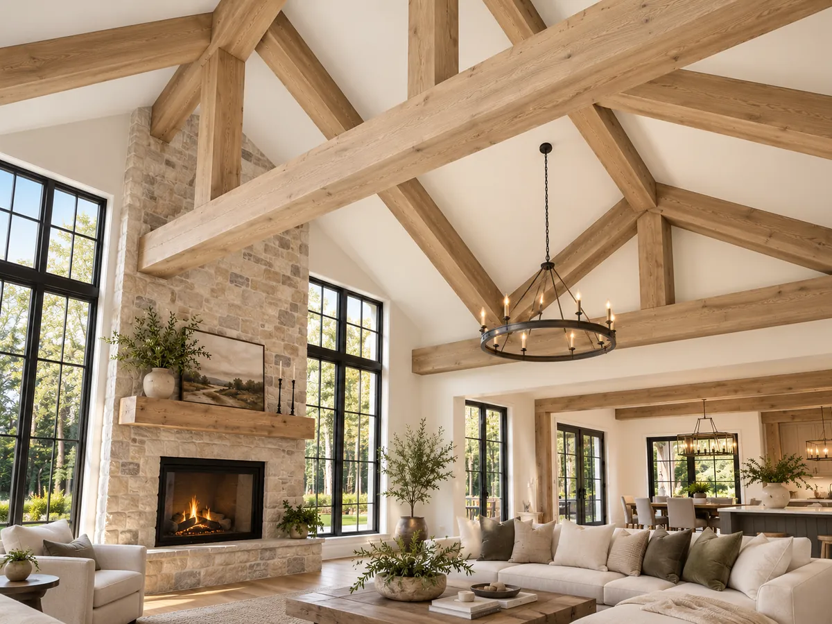 Design concept of light white oak beams crossing a vaulted great room ceiling