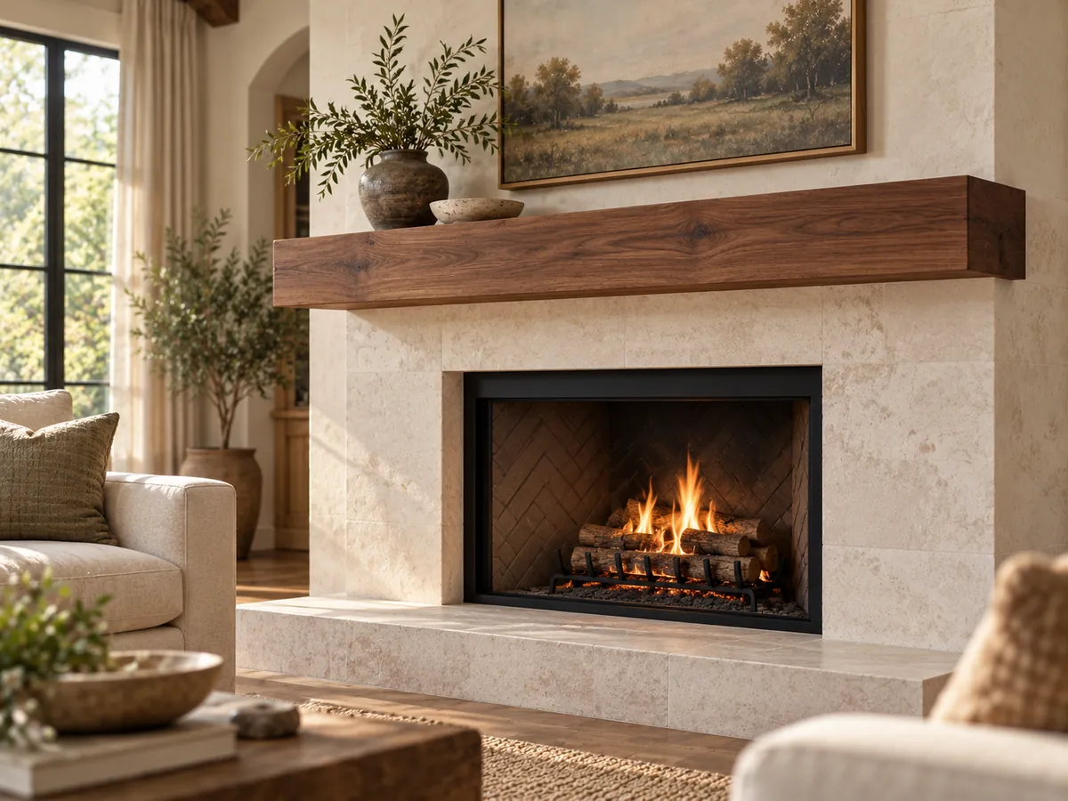 Design concept of a dark walnut floating mantel on a pale limestone fireplace
