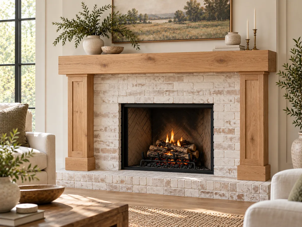 Design concept of a natural white oak mantel surround on a white brick fireplace