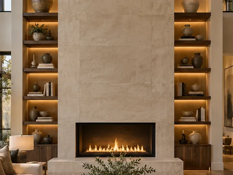 Design concept of lit wood floating shelves on both sides of a stone fireplace
