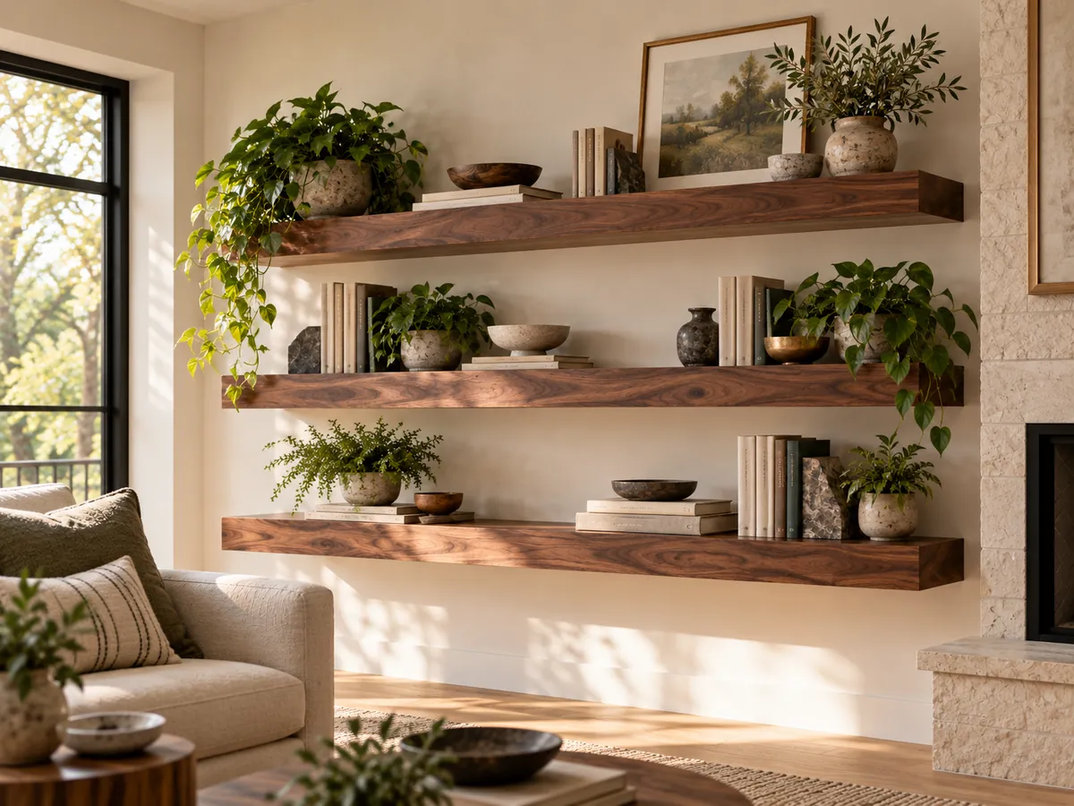 Design concept of walnut floating shelves beside a stone fireplace in a living room