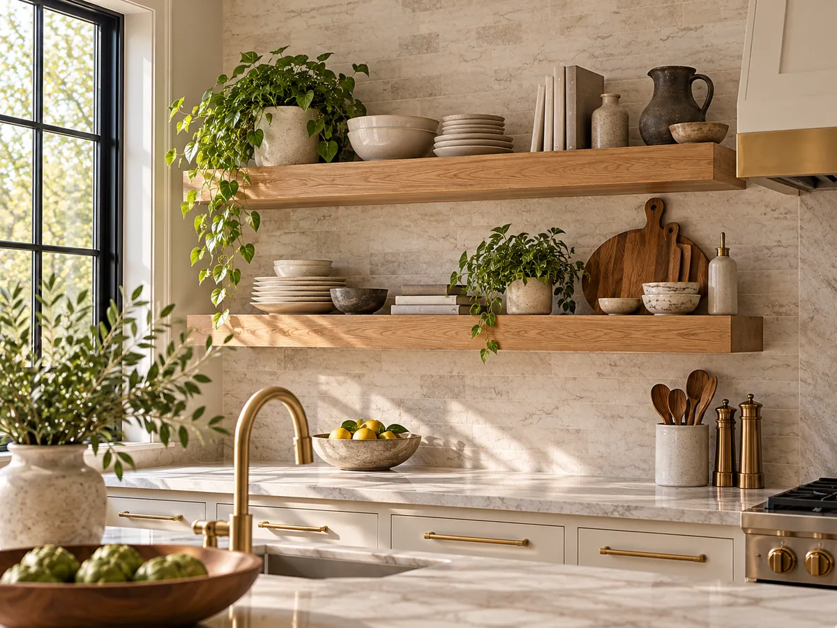 Design concept of white oak floating shelves with dishes in a bright kitchen, seen from the island