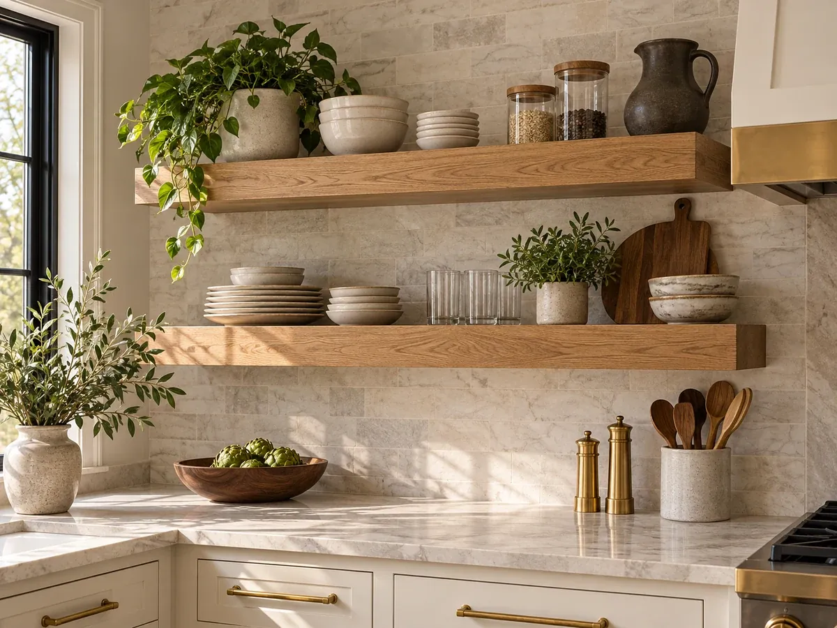 Design concept of white oak floating shelves styled with dishes in a kitchen