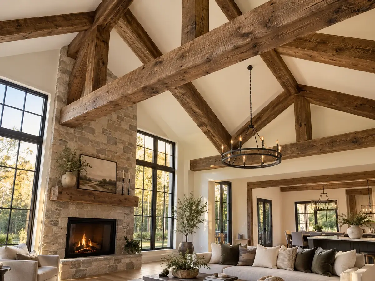 Design concept of rough-sawn wood box beams in a vaulted great room.