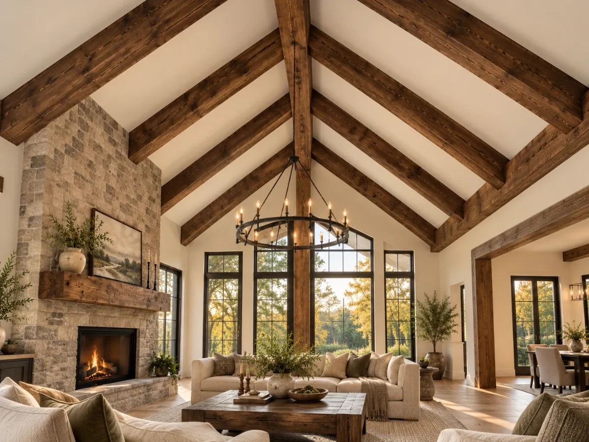 Design concept of rough-sawn wood beams on a vaulted great room ceiling with a stone fireplace