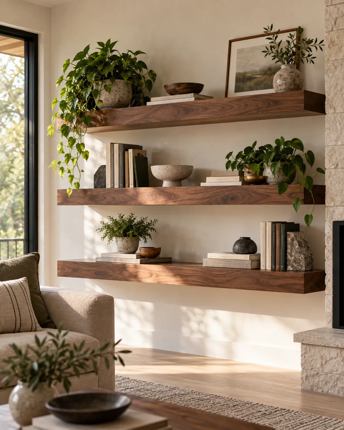 Design concept of solid wood floating shelves with hidden supports in a living room.