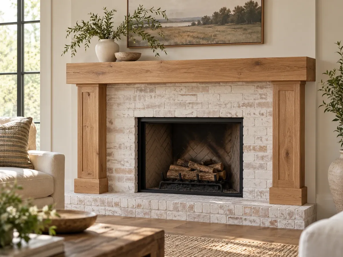 Design concept of a white oak mantel surround framing a brick fireplace